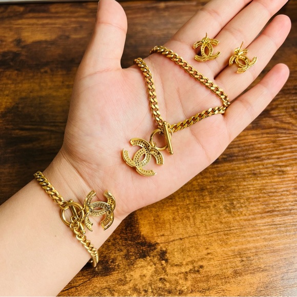 Reserved 18K Plated Gold Chanel Women jewelry Chain Necklace Bracelet Earrings - Picture 13 of 16